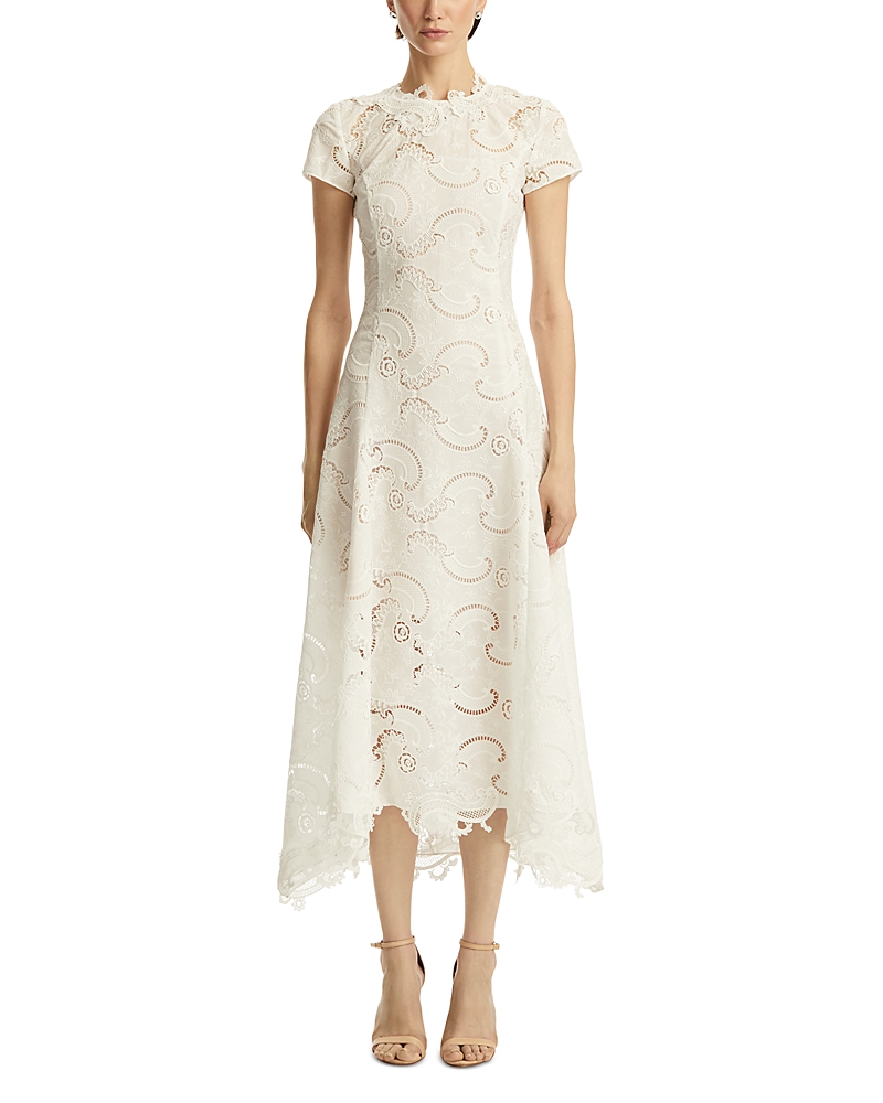 OSCAR DE LA RENTA OSCAR DE LA RENTA SHORT SLEEVE SCROLL GUIPURE DAY DRESS