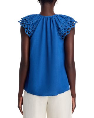 Embroidered Puff Sleeve Split Neck Blouse