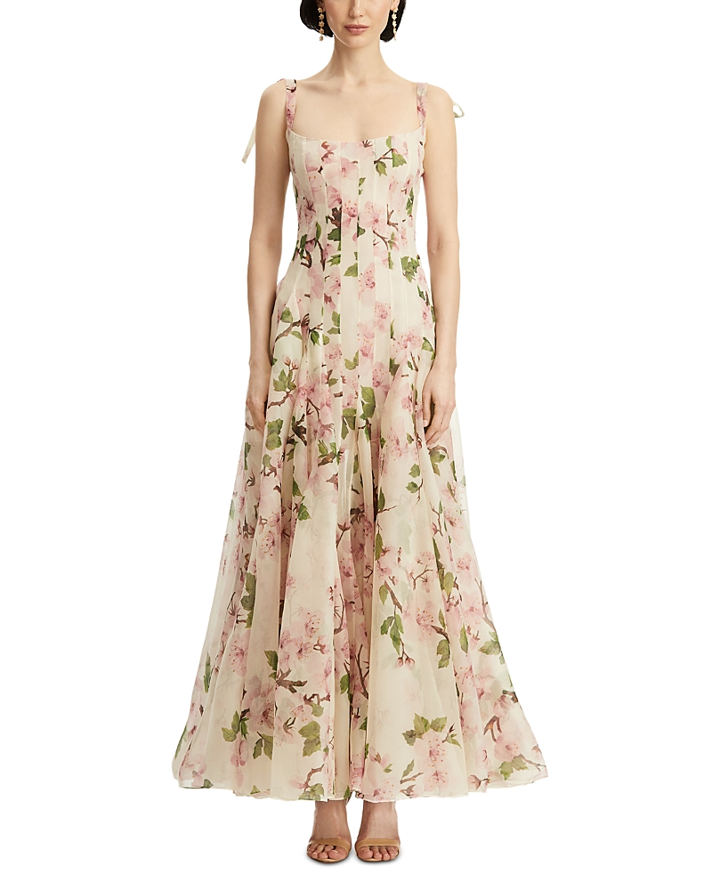 Oscar De La Renta Pleated Floral-print Silk-blend Organza Gown In Multi
