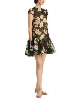 Short Sleeve Drop Waist Cherry Blossom Cloque Dress