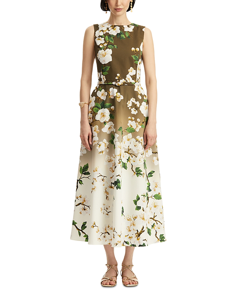 Oscar De La Renta Sleeveless Ombre Ankle Length Cherry Blossom Dress In White Khaki Ombre