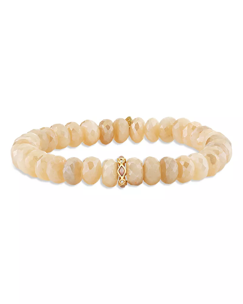 Sydney Evan 14K Yellow Gold Opal & Diamond Rondelle Sand Moonstone Bead Stretch Bracelet