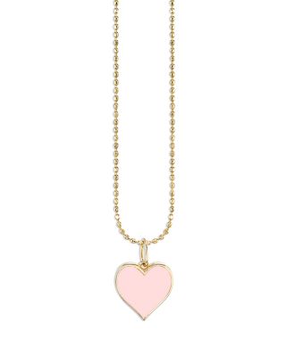 14K Yellow Gold Pink Heart Pendant Necklace, 14"-16" 