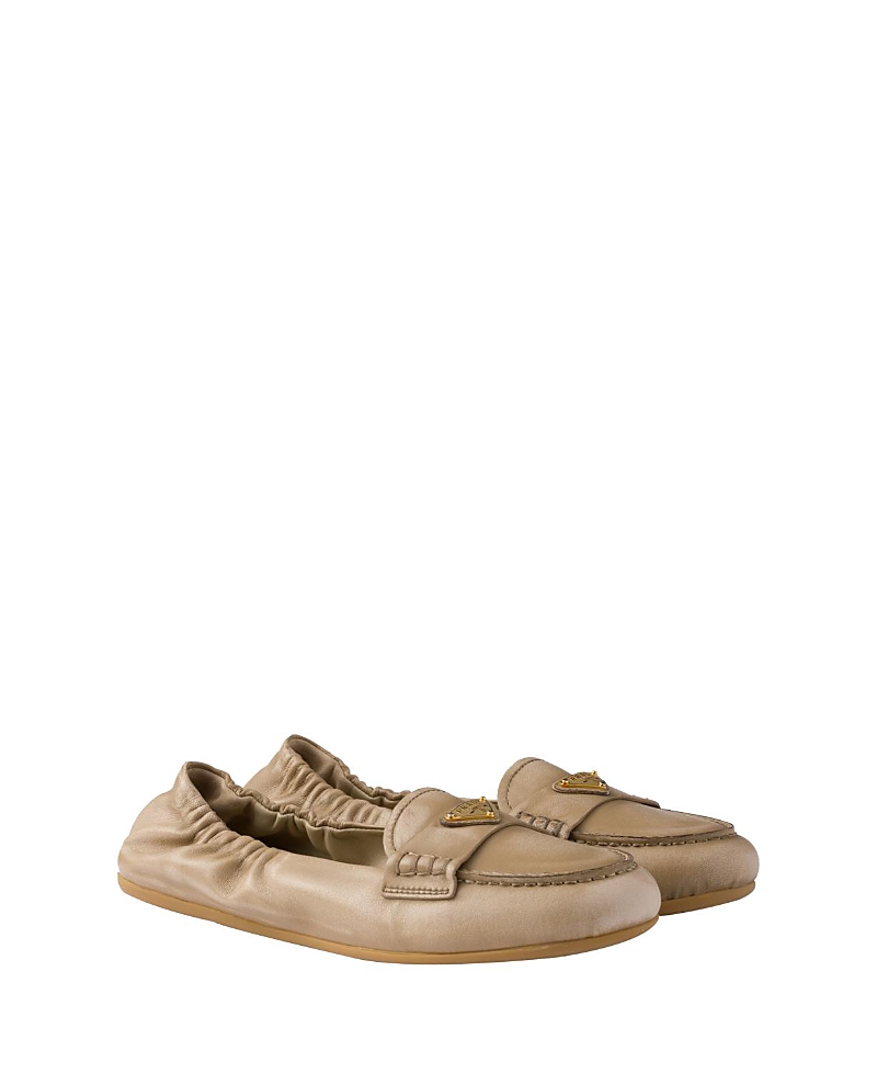 Prada Triangle Logo Suede Loafers In Neutral