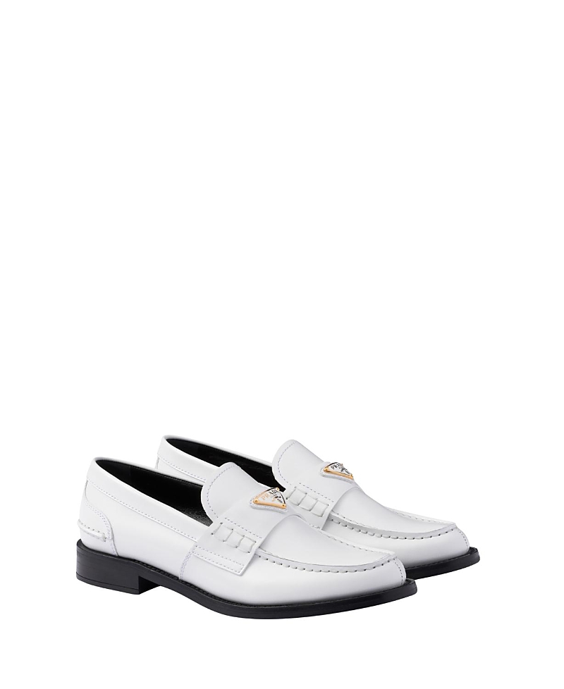 Prada Triangle Logo Brushed Leather Loafers In White