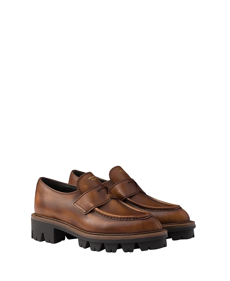 Prada Round Head Loafer Shoes In Brown