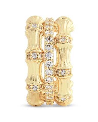 Pav&eacute; Bamboo Stacked Half Hoop Earrings in 18K Gold Plated