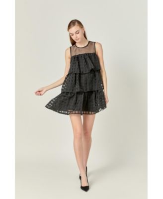 Women's Organza Gridded Tiered Sleeveless Mini Dress