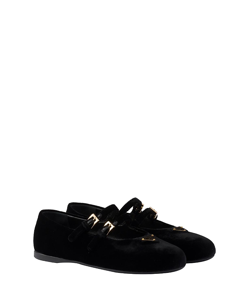 Prada Triangle Logo Velvet Ballet Flats In Black