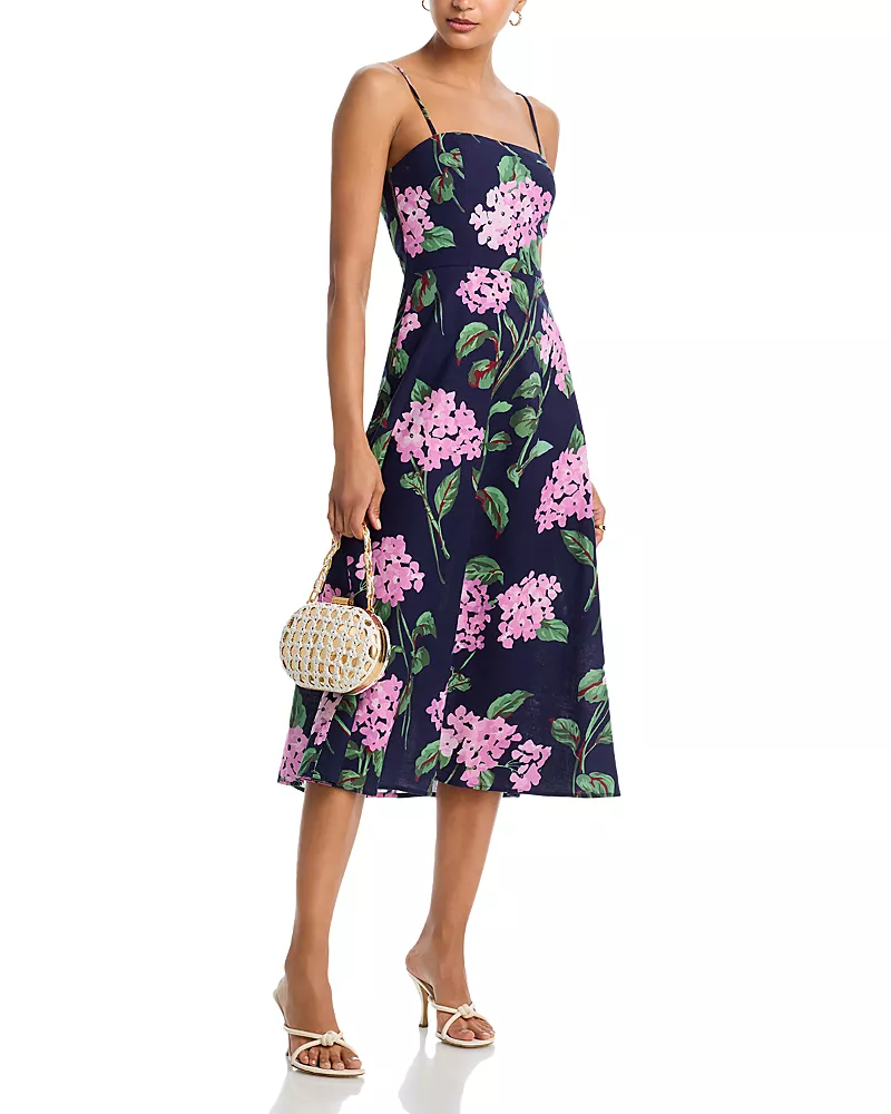 Aqua Linen Floral Square Neck Midi Dress - Exclusive