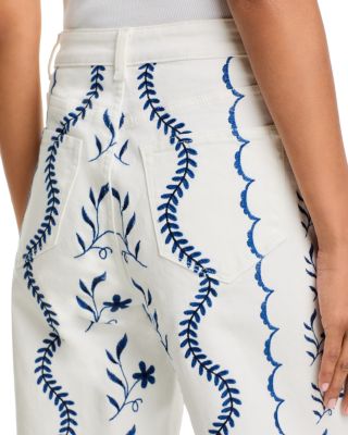 Embroidered High Rise Wide Leg Jeans in White/Blue - Exclusive