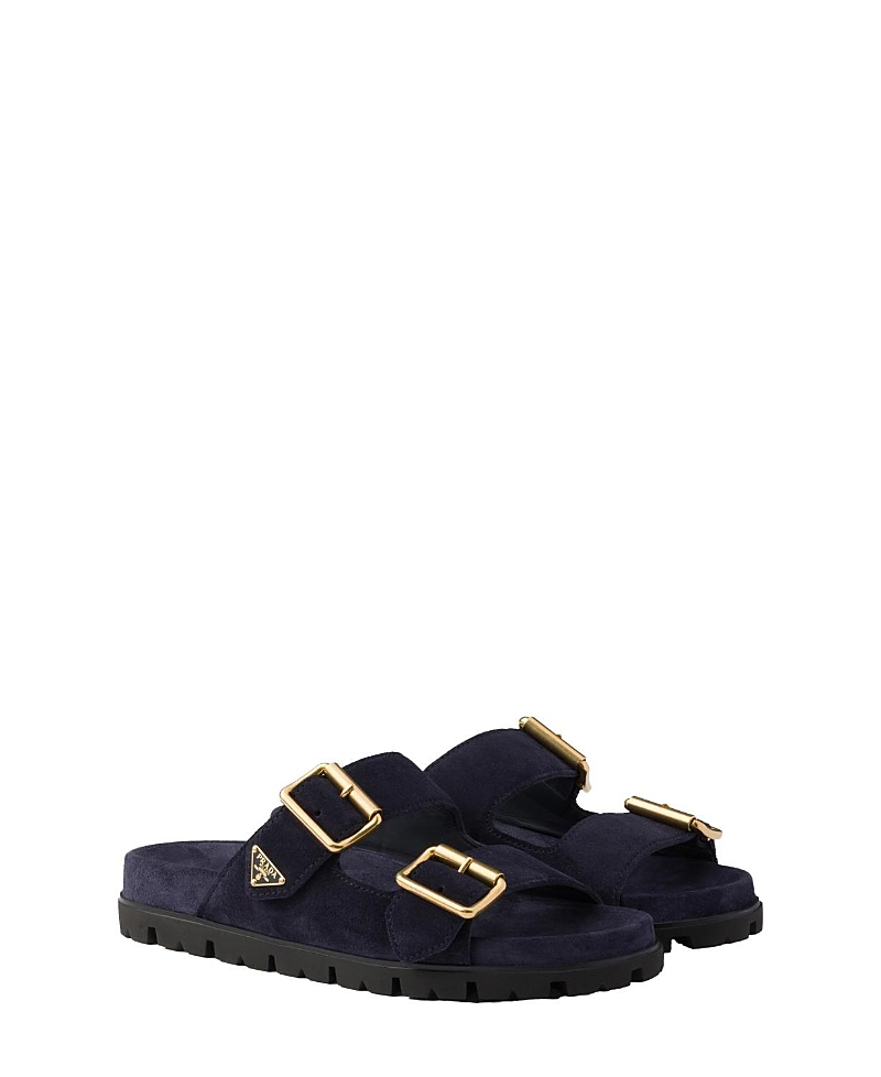 Prada Buckle Suede Slides In Blue