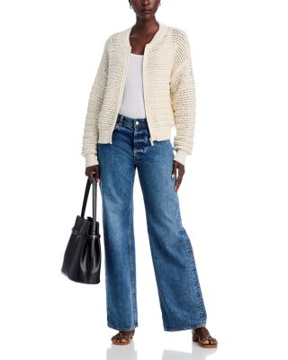 Open Knit Bomber Crewneck Cardigan Sweater