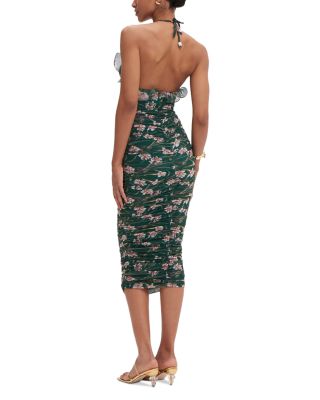 Botanic Ruffle Neck Ruched Midi Dress