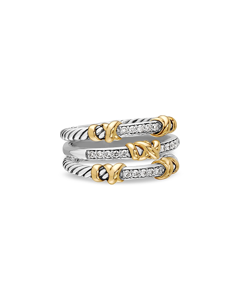 David Yurman Petite Helena Wrap Three Row Ring in Sterling Silver with 18K Yellow Gold and Diamonds, 12mm
