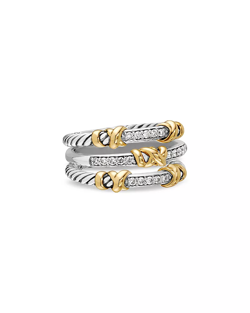 David Yurman Petite Helena Wrap Three Row Ring in Sterling Silver with 18K Yellow Gold and Diamonds, 12mm