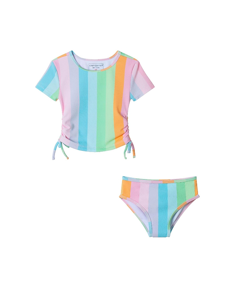 ANDY & EVAN GIRLS' RAINBOW STRIPED SHORT SLEEVE RASHGUARD SET - LITTLE KID