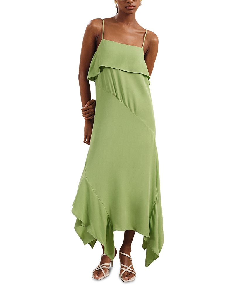Reiss Womens Alba Ruffle-trim Asymmetric-hem Woven Midi Dress Green