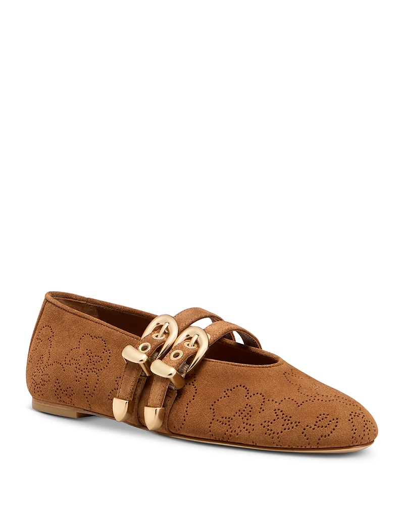 Stuart Weitzman Maven Perforated Suede Mary Jane Flats In Brown