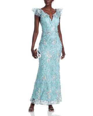 V-Neck 3D Flower Sleeveless Gown