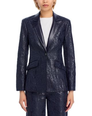 Embroidered Faux Leather Blazer