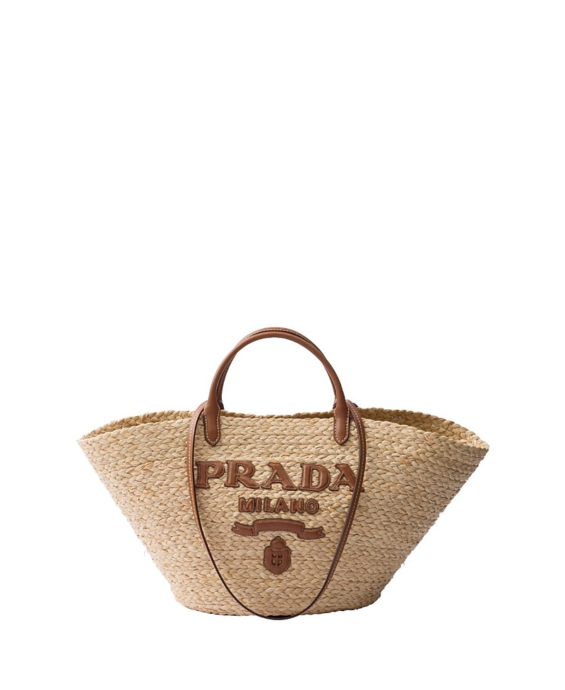 Prada Large Woven Raffia Tote Bag With Leather Trim In Brown