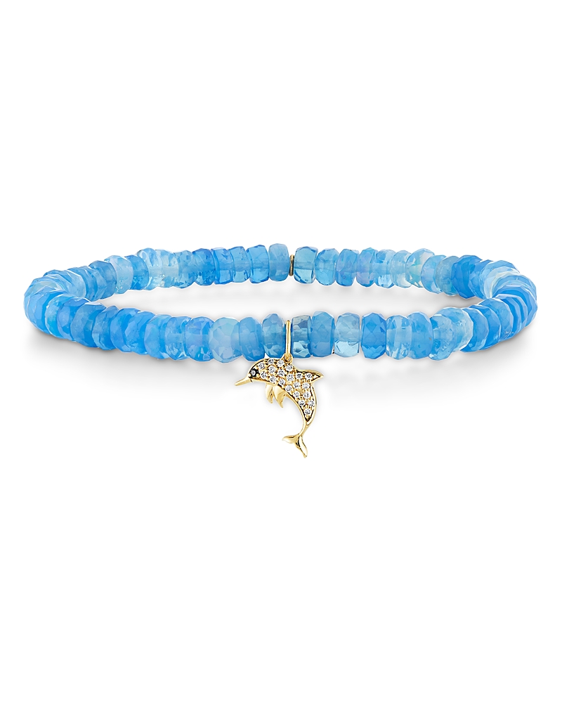 Sydney Evan 14K Yellow Gold Diamond Dolphin Charm Ethiopian Opal Beaded Stretch Bracelet