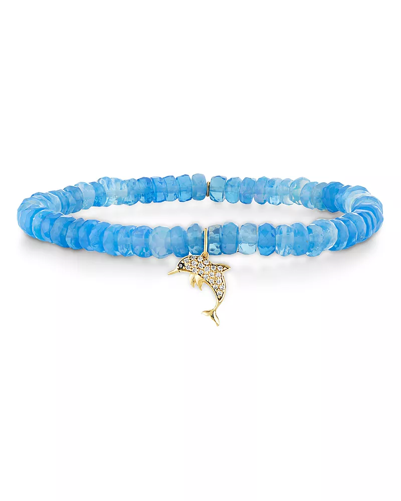 Sydney Evan 14K Yellow Gold Diamond Dolphin Charm Ethiopian Opal Beaded Stretch Bracelet