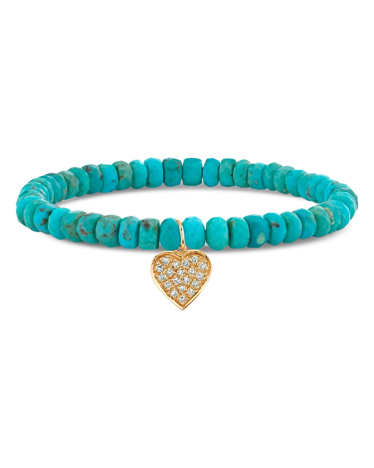 14K Yellow Gold Diamond Pavé Heart Charm Turquoise Bead Bracelet