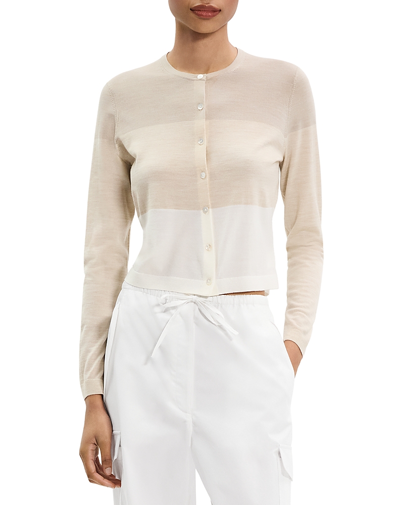 Theory Merino Wool Crewneck Cardigan Sweater In White