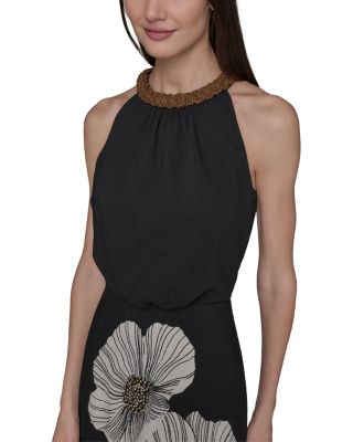 Halter Neck Embellished Floral Print Dress