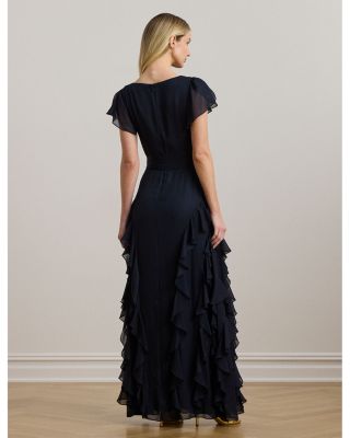 Ruffle Trim Metallic Chiffon Gown