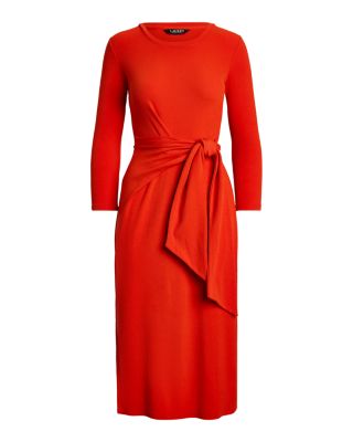 Tie Front Cotton Blend Crewneck Dress