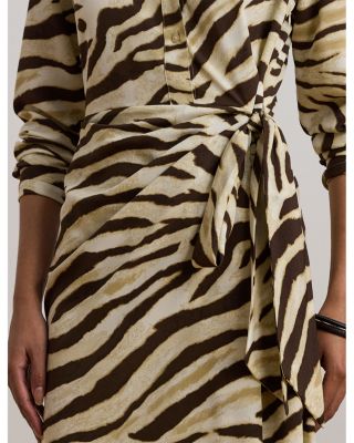 Zebra Print Tie Front Crepe Shirtdress
