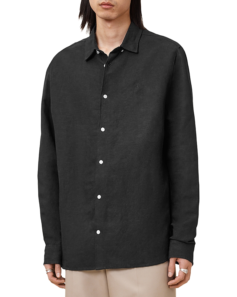 Allsaints Bandol Linen Blend Button-up Shirt In Black