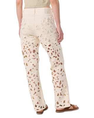 Logan Floral Cutout High Rise Wide Leg Jeans in Ecru