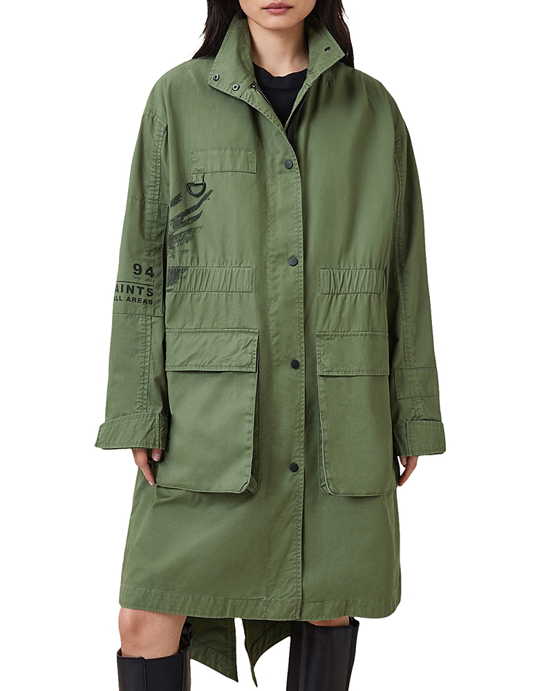 Allsaints Womens Khaki Green Milla Bird-print Cotton Parka Jacket
