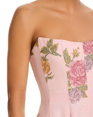 Rousseau Light Pink Cross Stitch Floral Linen Strapless Midi Dress