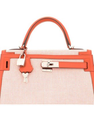 Kelly 28 Handbag Quadrille Canvas and Orange Swift with Palladium Hardware