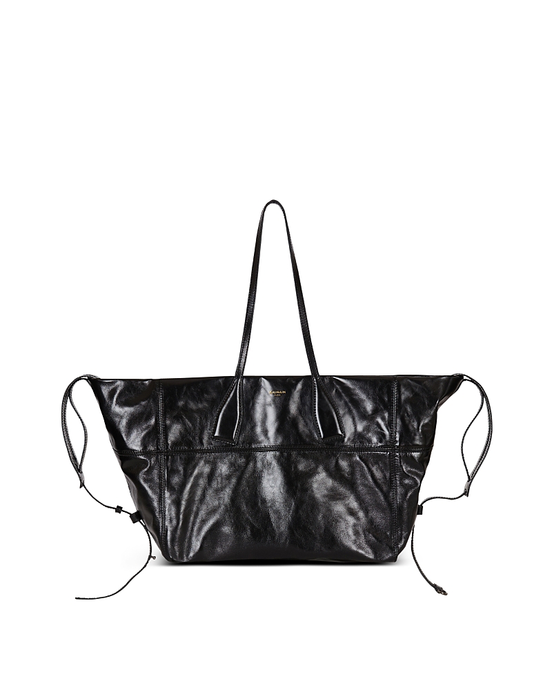 Balmain Track Shiny Leather Tote Bag In Black