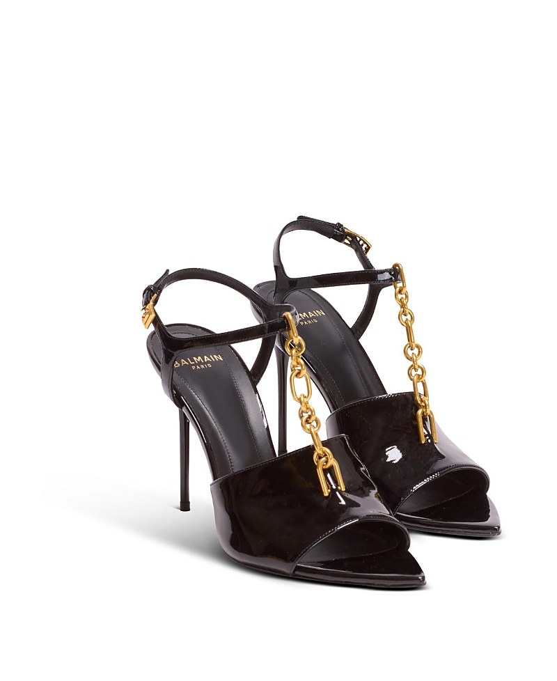 Balmain Sync Patent Leather Chain T-strap Stiletto Sandals In Black