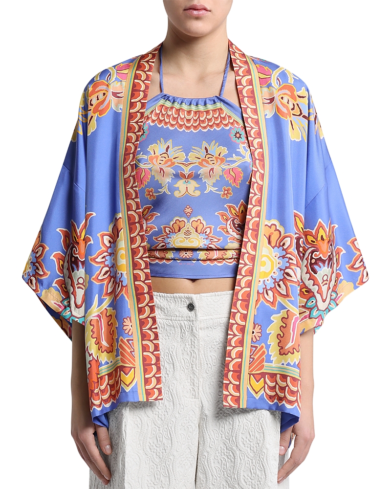 Etro Paisley Print Open Front Silk Twill Jacket In Blue