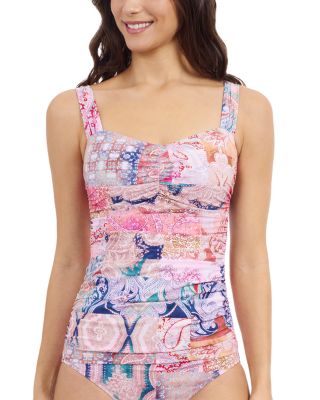 Karma Printed Center Ruched Tankini &amp; Karma Shirred High Waist Bottom