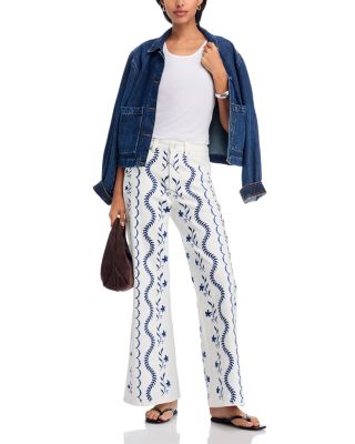 Embroidered High Rise Wide Leg Jeans in White/Blue - Exclusive