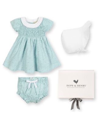 Hope & Henry - Girls' Short Sleeve Linen Dress with Ruffle Collar and Bonnet Boxed Gift Set - Baby