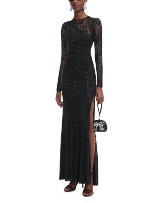 Black Rhinestone Lace Sleeve Maxi Dress