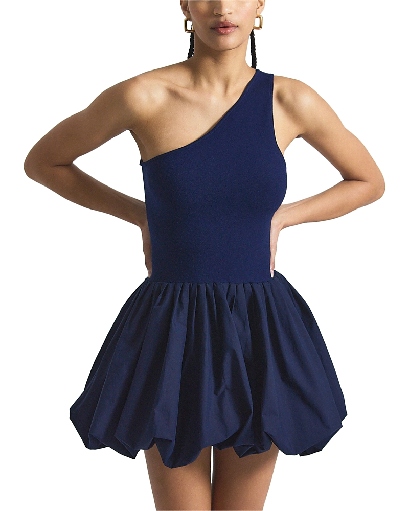 Derek Lam 10 Crosby Calla One-shoulder Bubble Hem Mixed Media Dress In Blue