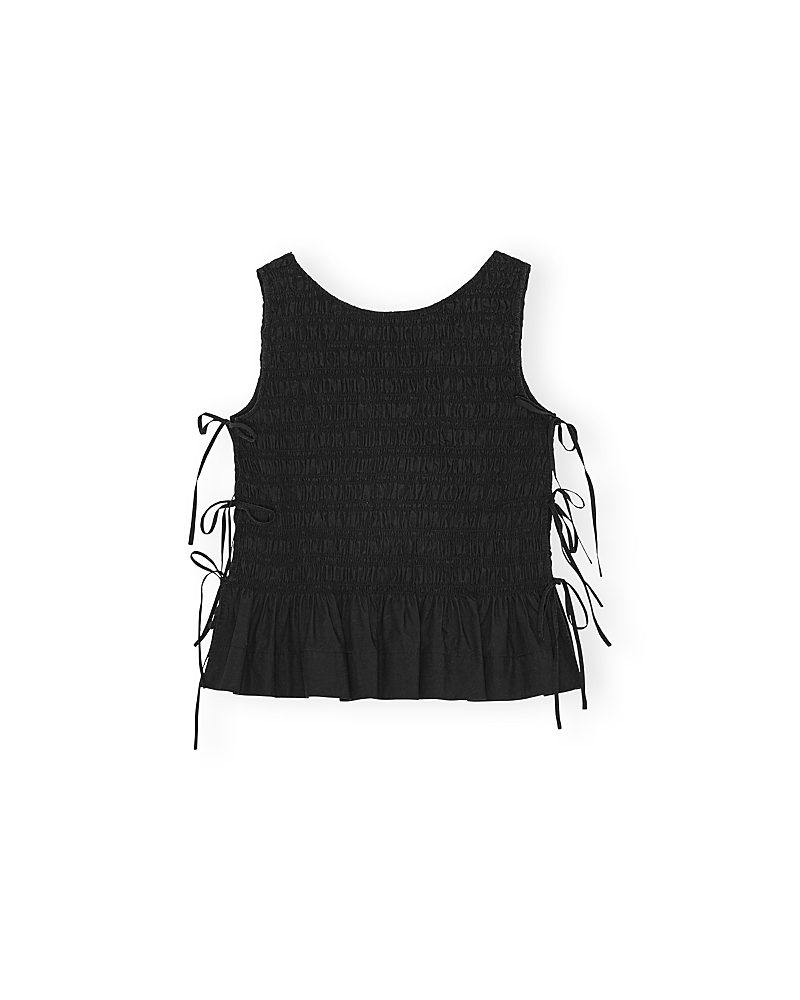 Ganni Cotton Smock Tie Top In Black In Black