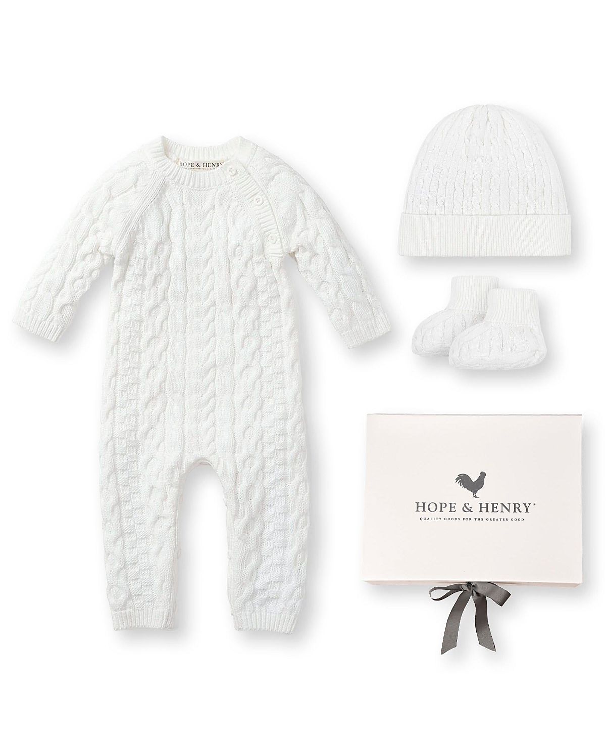 Hope & Henry Unisex 4-Piece Cable Knit Sweater Romper, Hat, & Bootie Boxed Gift Set - Baby