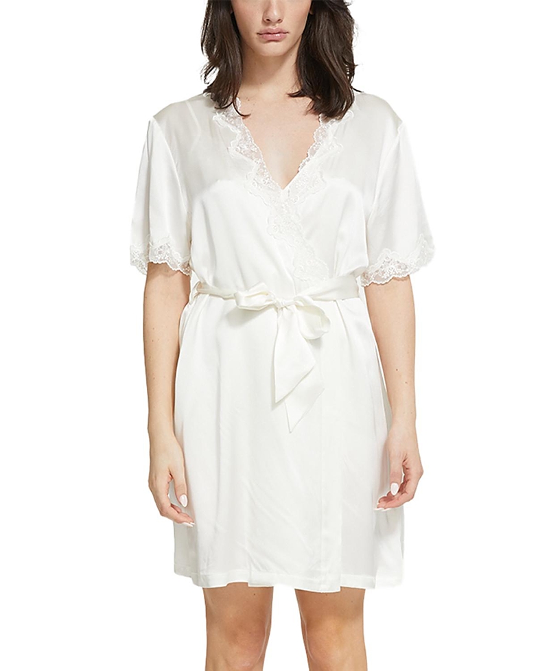 Ginia Silk Short Wrap Gown With Lace Trim Robe
